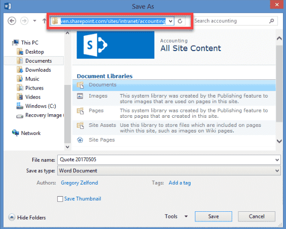 cannot save word document to sharepoint