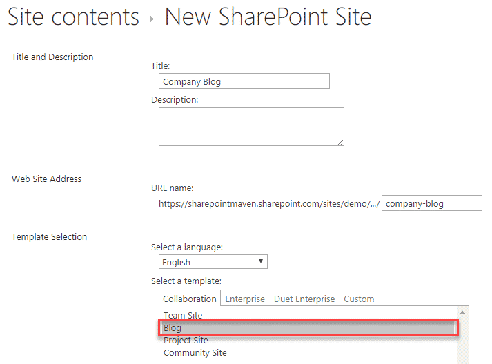 create a blog site in SharePoint