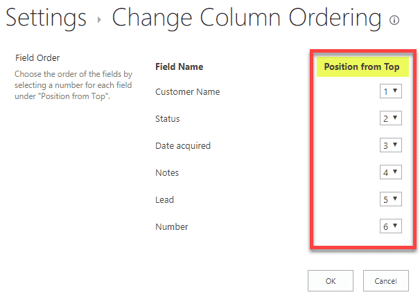 order of columns in a SharePoint