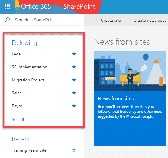 follow sites in SharePoint