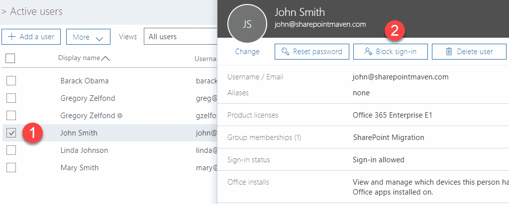 deactivate a user in Office 365 and SharePoint