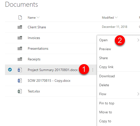 open a document in SharePoint