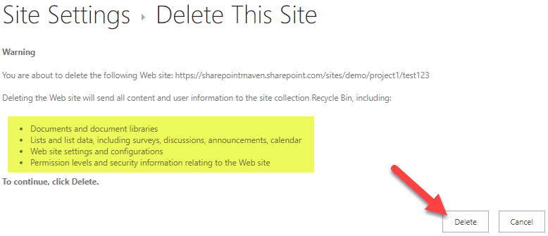 delete a site in SharePoint