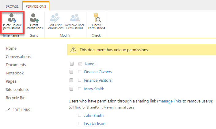 unique permissions for files and folders