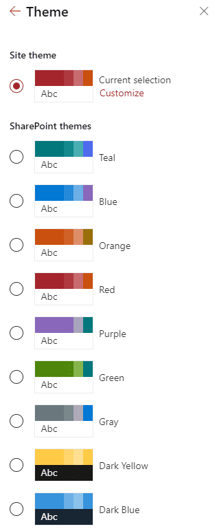 Examples of various themes/color palettes available in SharePoint out of the box