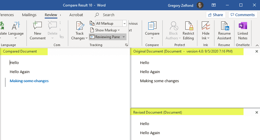 compare two versions of the document in SharePoint