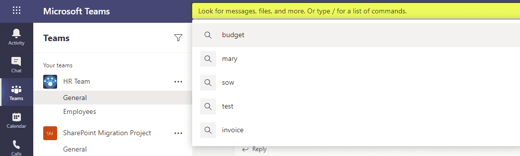 commands in a search bar in Teams