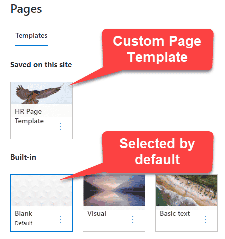 default page template in SharePoint Online