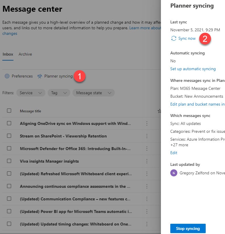 sync Microsoft 365 Message Center with Planner