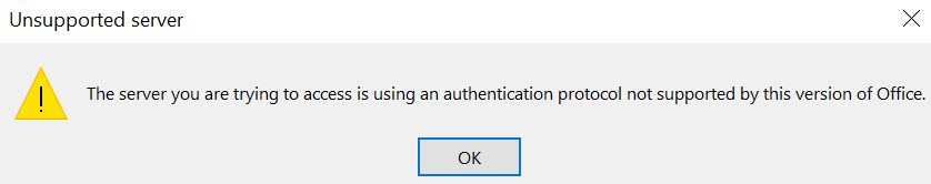 The server you are trying to access is using an authentication protocol not supported by this version of Office