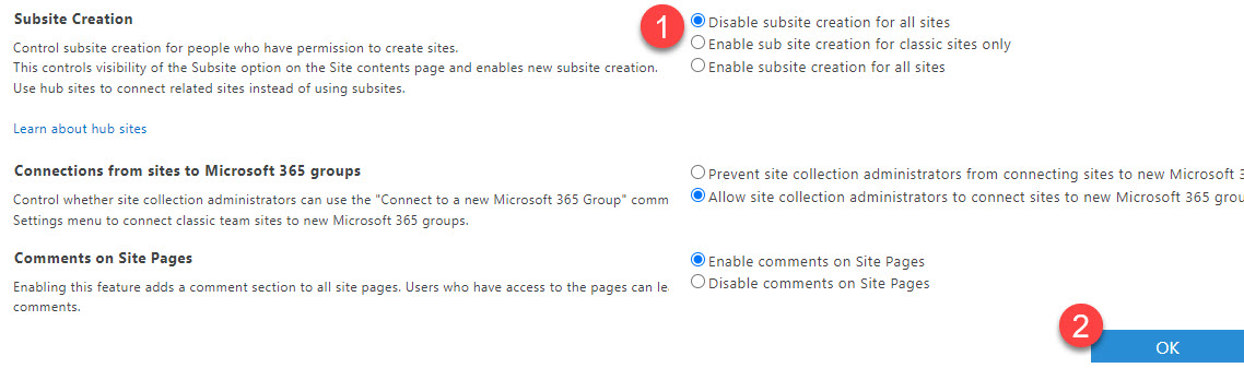 disable subsite creation