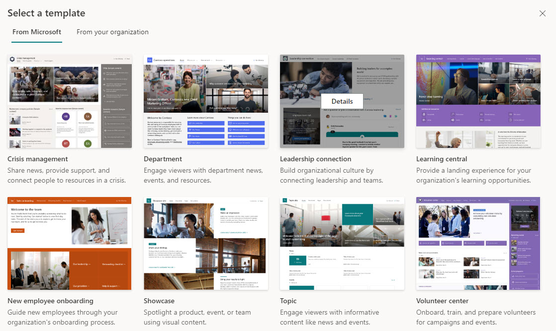 Create SharePoint Intranet - Example of the Site Template selection available in SharePoint