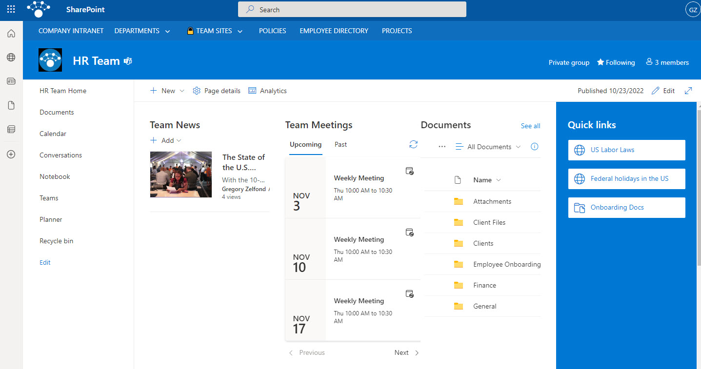Example of a SharePoint Team Site accessible by multiple team members