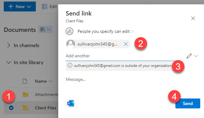 Example of external sharing feature in SharePoint Online