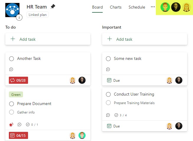 Example of a Plan in Planner consisting of the same Team Members as in Team/Team Site