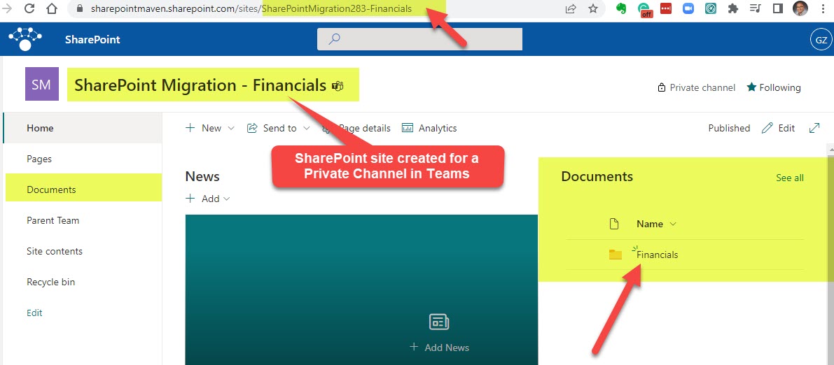 View of the same contents from the SharePoint Site created for that Private Channel
