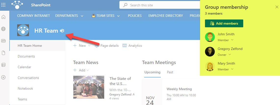 Example of a SharePoint Team Site created for the above Team