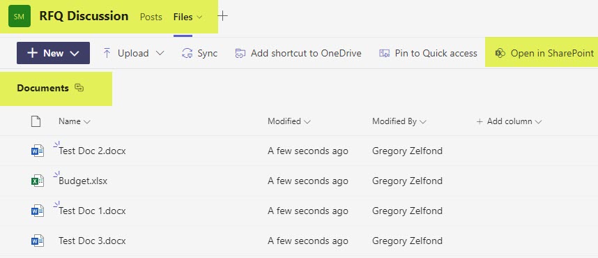 View of the contents of a Shared Channel within Microsoft Teams