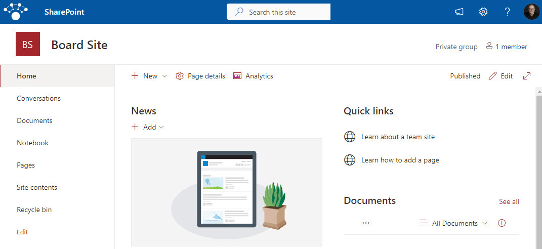 Example of a Team Site in SharePoint Online