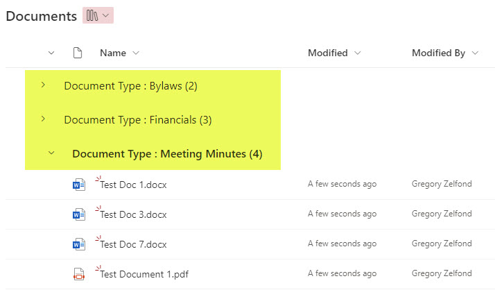 Example of a SharePoint Document Library configured with metadata