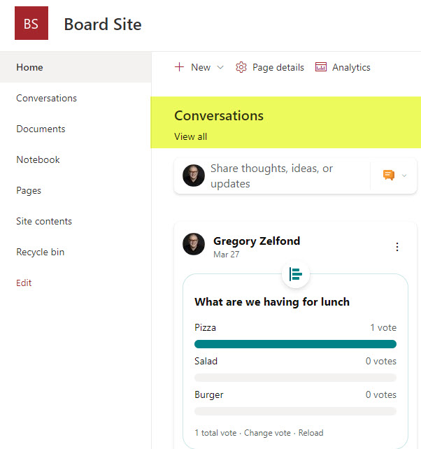 Yammer Community embedded on the Board of Directors Site in SharePoint Online