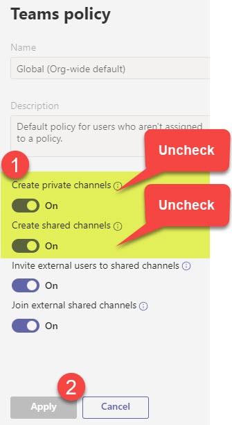 disable the creation of private and shared channels