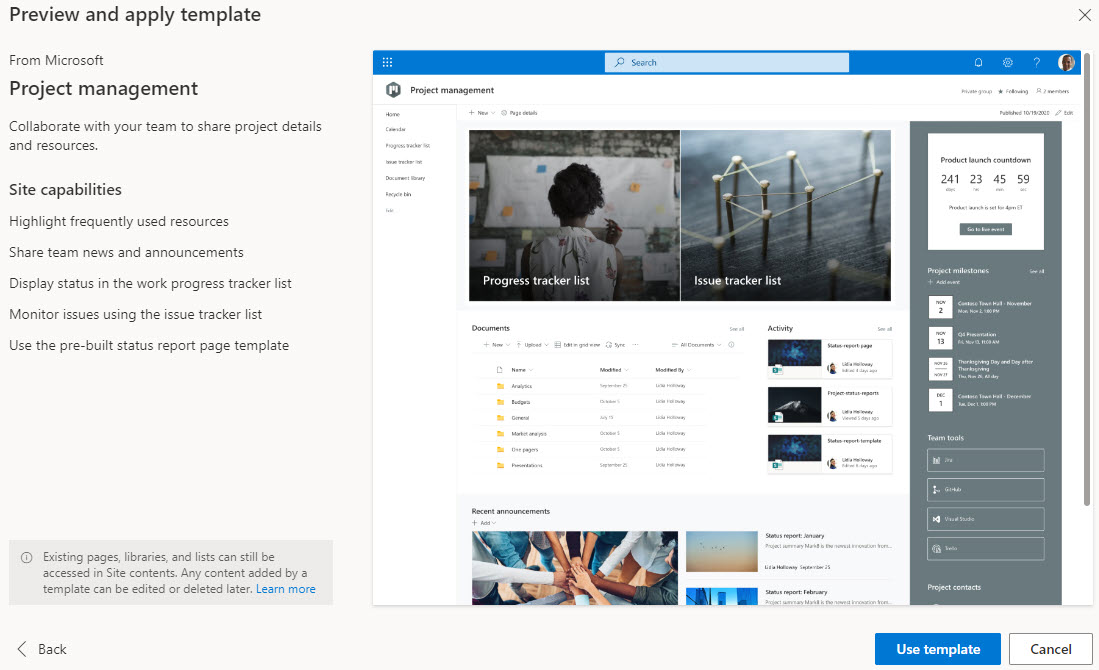 Example of a Project Site Template available in SharePoint Online