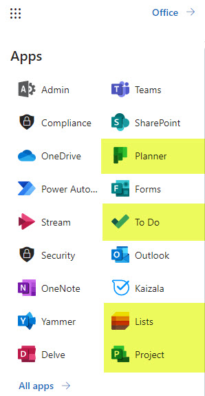 Example of various apps in Microsoft 365 that are capable of task management