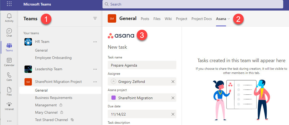 Example of Asana integration with Microsoft Teams
