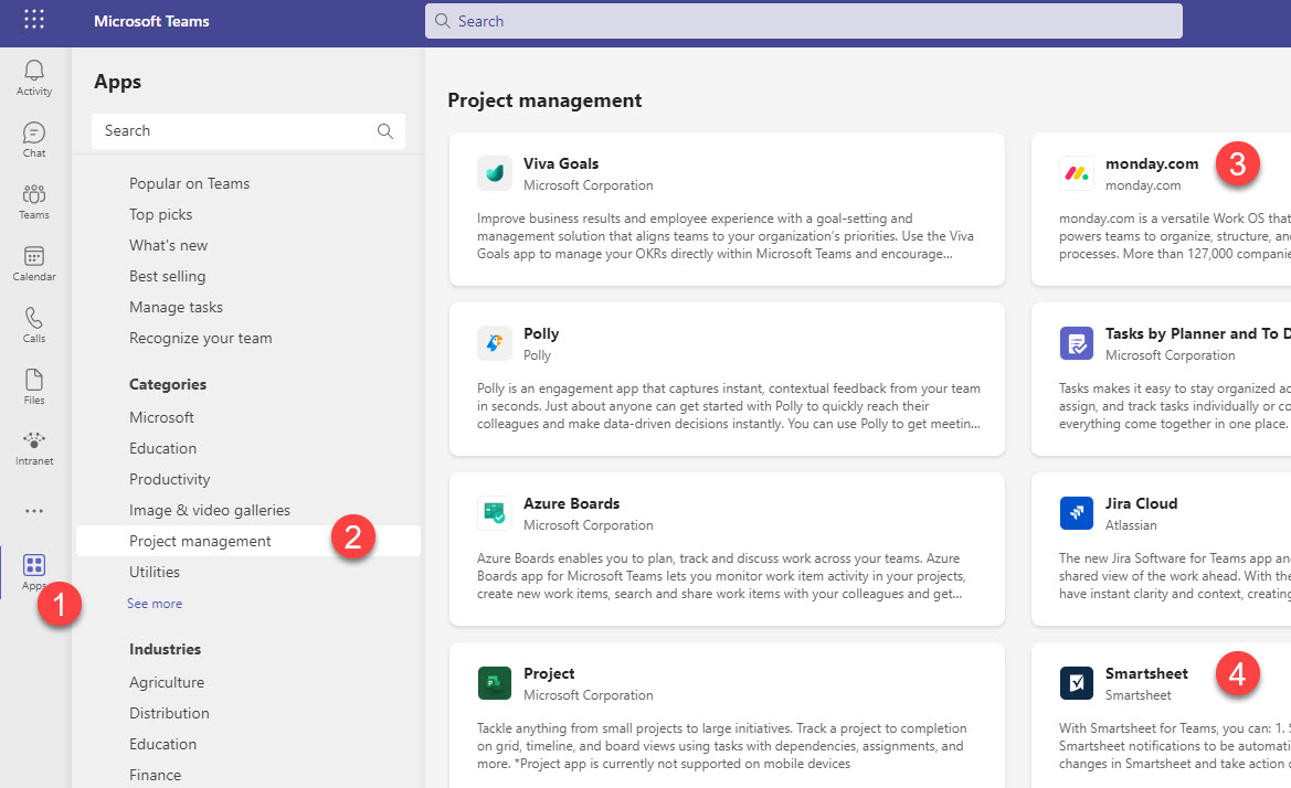 A sample list of project management software apps available for integration with Microsoft Teams