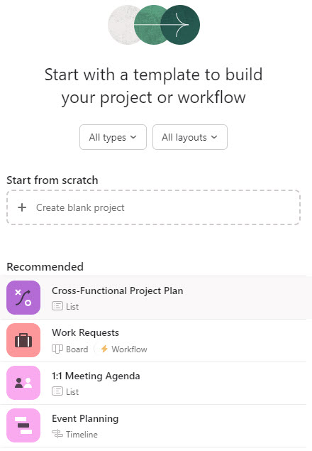 Example of Project Templates available in Asana