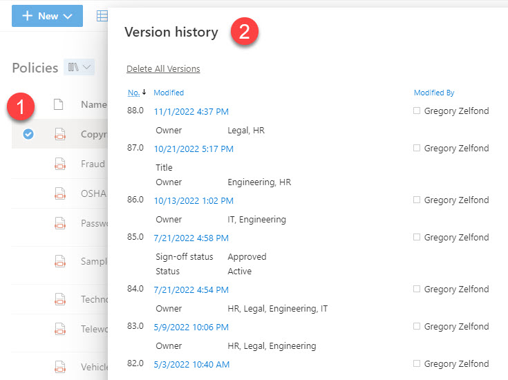 Example of Version History feature in SharePoint Online (Microsoft 365)