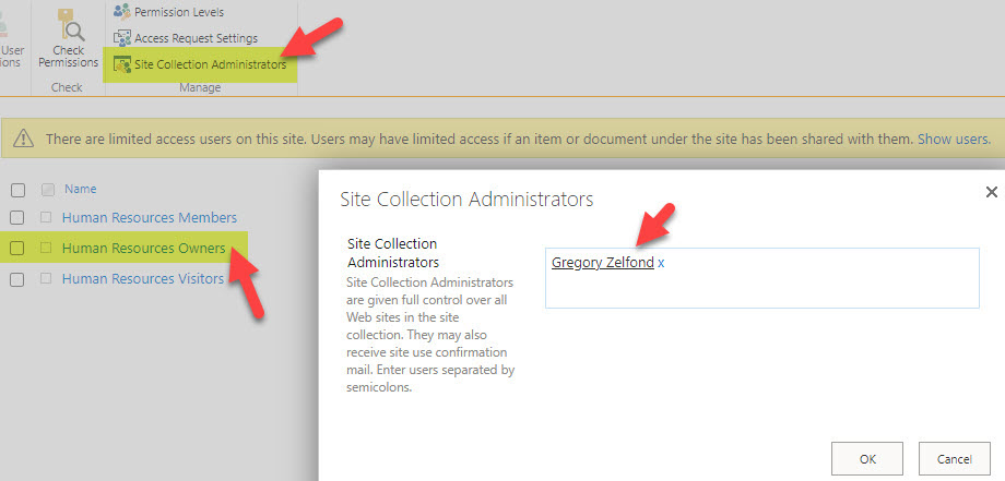 Example of Site Permissions showing Site Owners and Site Collection Admins who always have access to "hidden" content