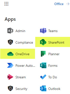 Links to OneDrive and SharePoint applications from Microsoft 365 App Launcher