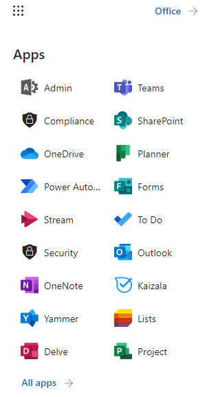 List of some of the apps available in Office/Microsoft 365