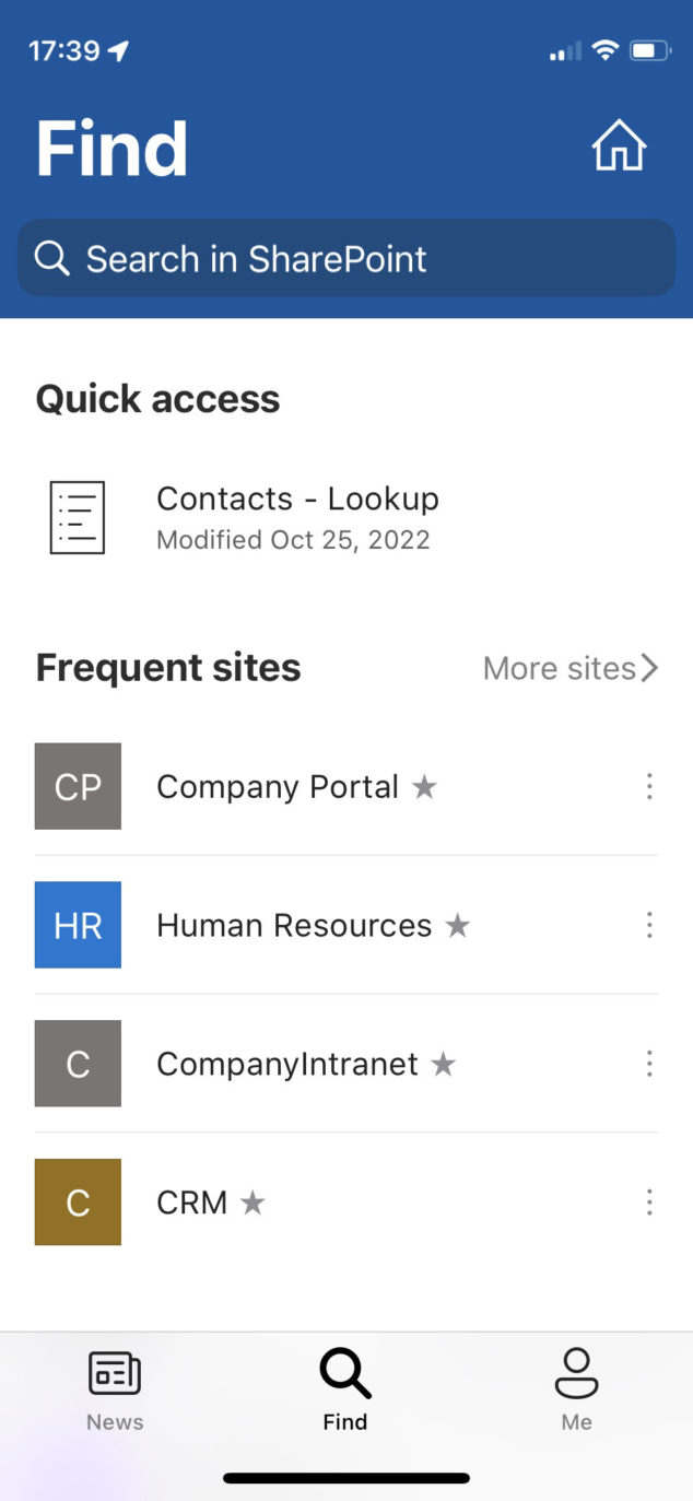 Example of a SharePoint Mobile Application, which can't be customized