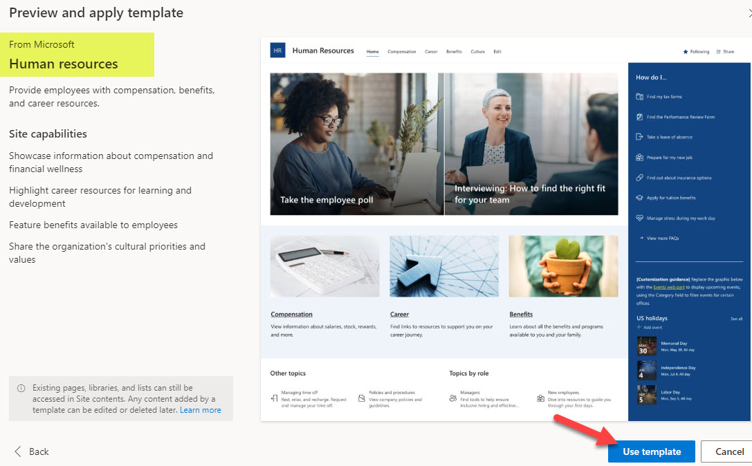 Example of Human Resources Site template available in SharePoint Online