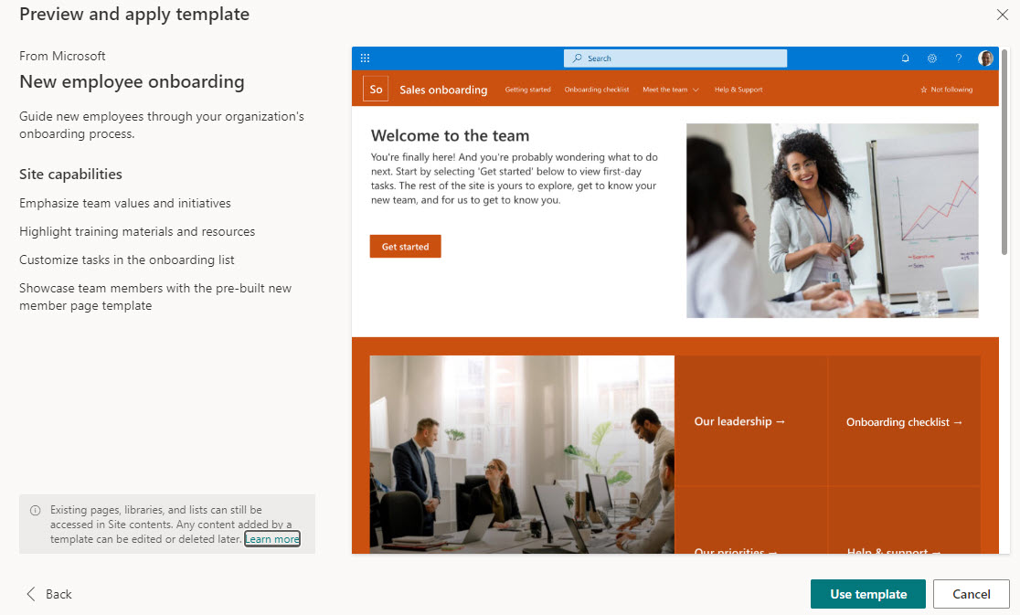 Example of the Onboarding Site Template available  from Microsoft