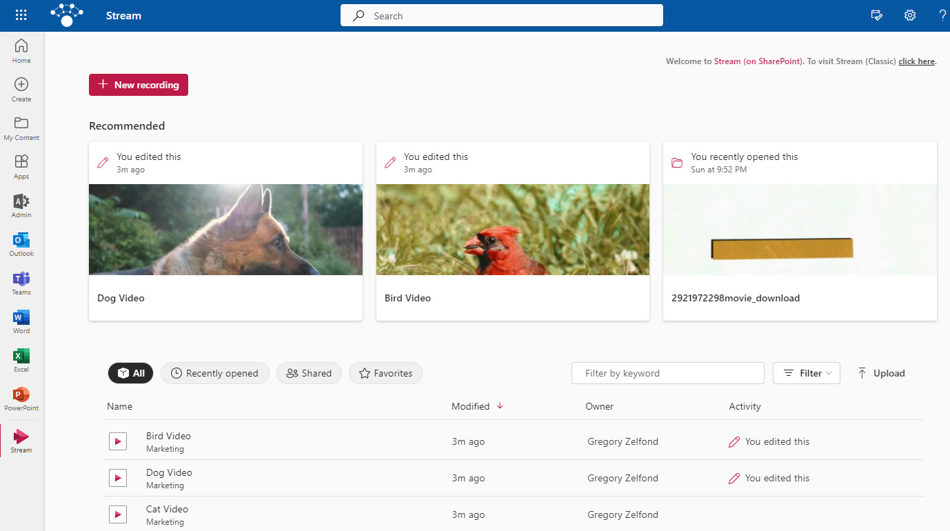 An example of a Stream on SharePoint Landing Page