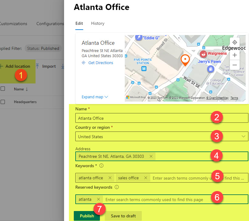 Locations in Microsoft Search & Intelligence Center