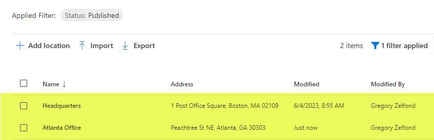 Locations in Microsoft Search & Intelligence Center