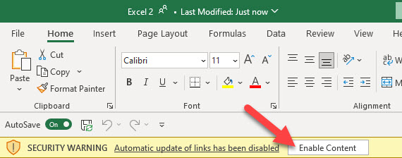 Warning Message when you try to open a linked Excel Document. Just click Enable Content to proceed.