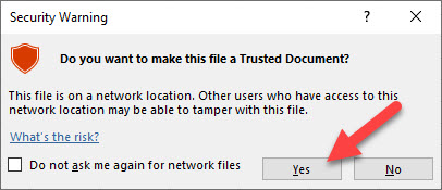 Warning Message when you try to open a linked Excel Document. Just click Enable Content to proceed.