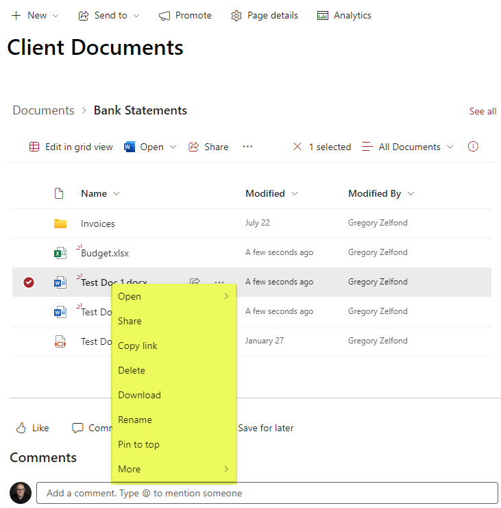 Example of File Commands Menu of a Document Library embedded on the SharePoint Page