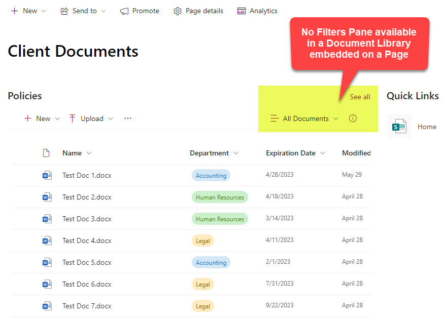 Document Library embedded on a Page (Metadata Filter Pane not available)