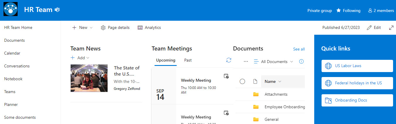 Example of a SharePoint Team Site