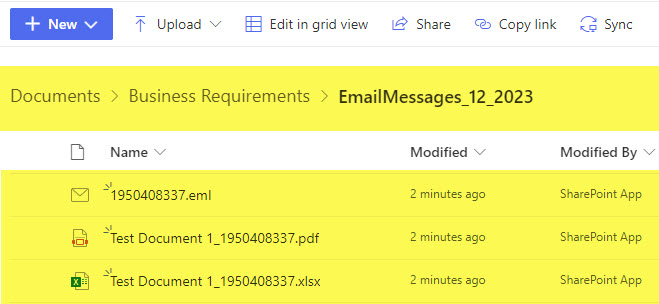 The .eml file with the body of the email + attachments will then be saved to the EmailMessages_TimeStamp folder inside the SharePoint document library