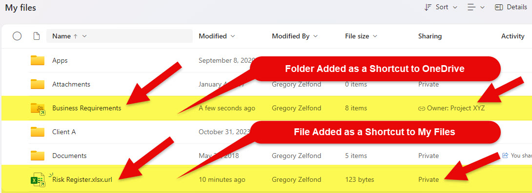 Add Shortcut to OneDrive vs. Add Shortcut to My Files