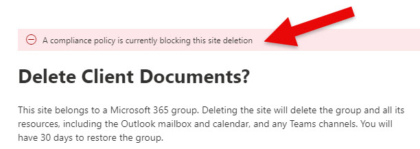 An error message when trying to delete a site from the SharePoint Admin Center