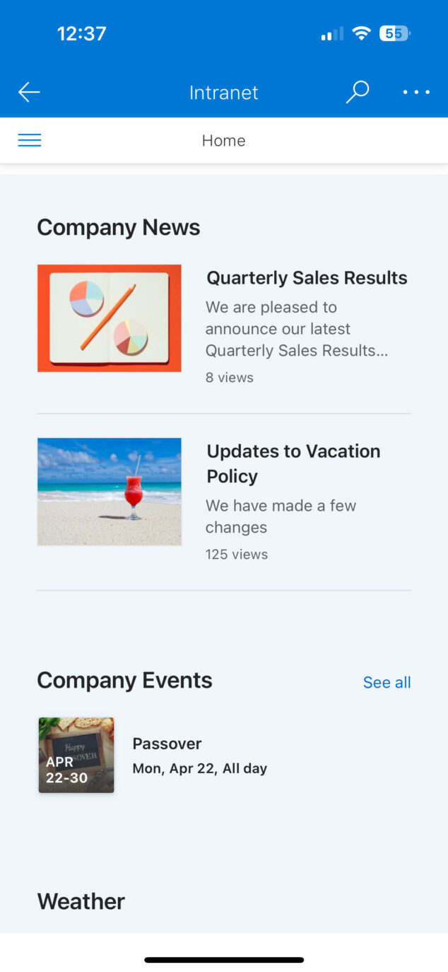 Screenshot of SharePoint Intranet Home Site on a Mobile device